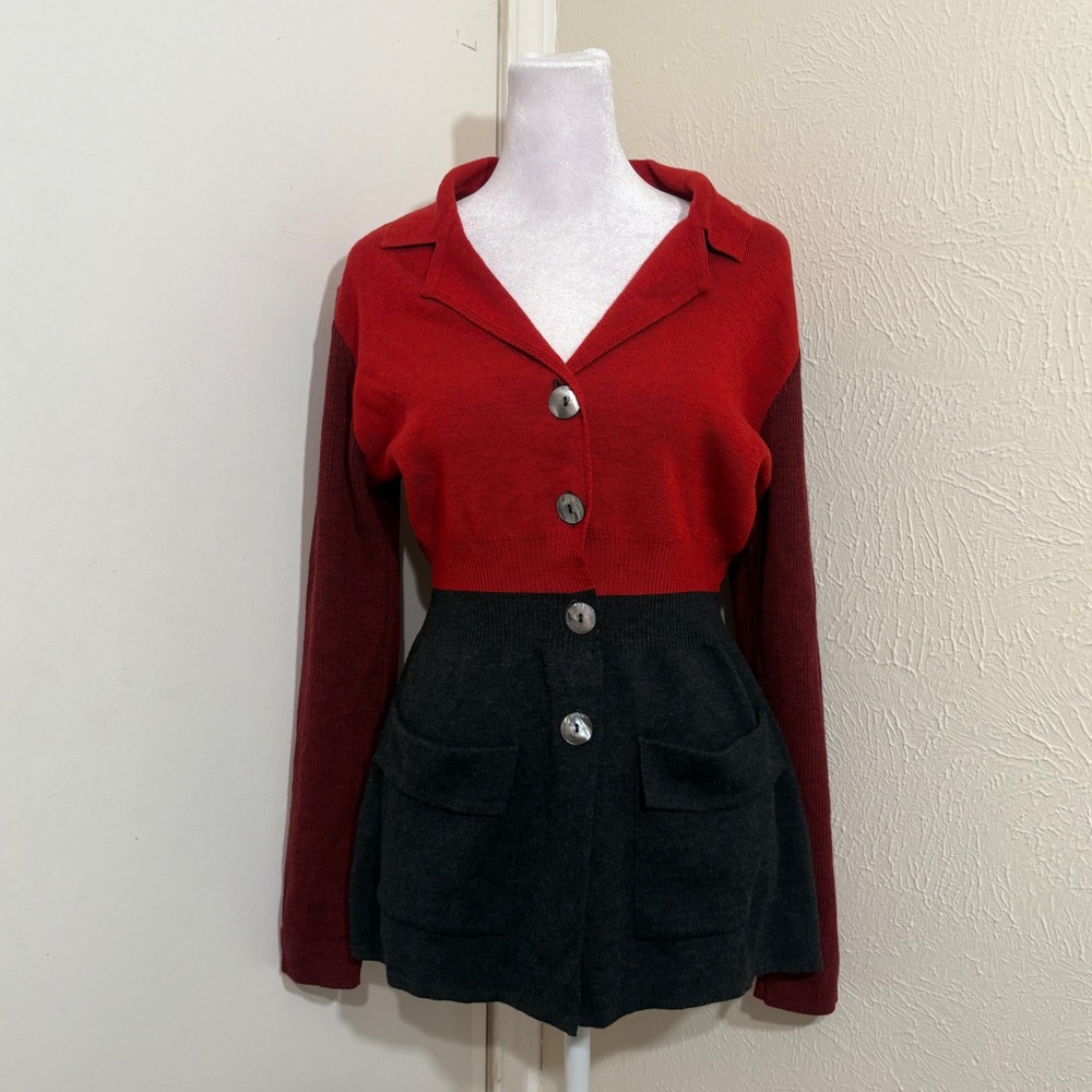 Victoire Italy Merino Wool Colorblock Cardigan Sweater Red Black Sz 40 / S